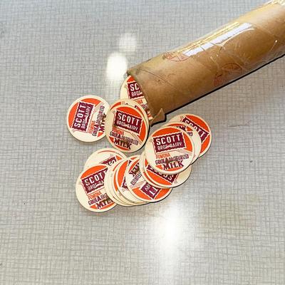 149 TUBE OF SCOTT BROS DAIRY MILK BOTTLE CAPS POGS 150+