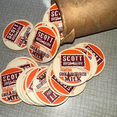 149 TUBE OF SCOTT BROS DAIRY MILK BOTTLE CAPS POGS 150+