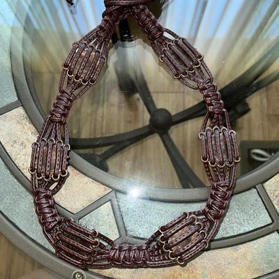 166 WOVEN LEATHER BELT COPPER ENAMEL MEDALLIONS + HAT BAND
