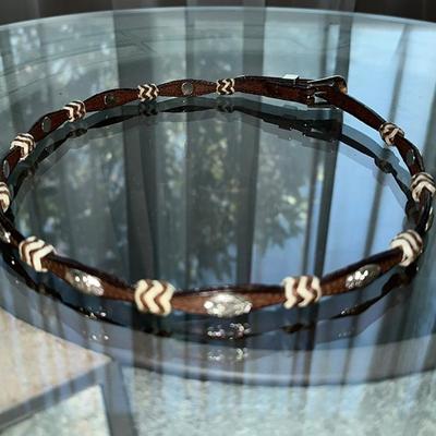 166 WOVEN LEATHER BELT COPPER ENAMEL MEDALLIONS + HAT BAND