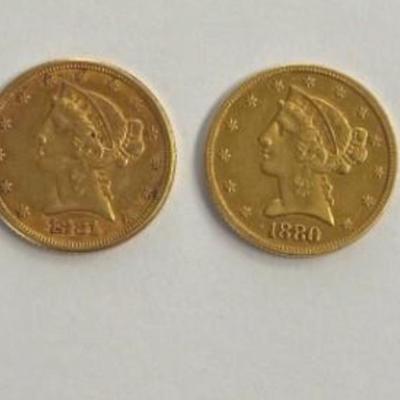 1880 & 1881 5$ Gold Piece lot of two
