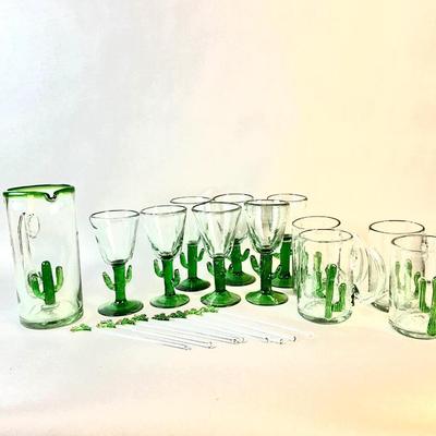 1178 Large Set of Mexico Handblown Saguaro Cactus Bar Set