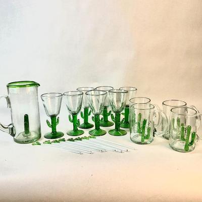 1178 Large Set of Mexico Handblown Saguaro Cactus Bar Set