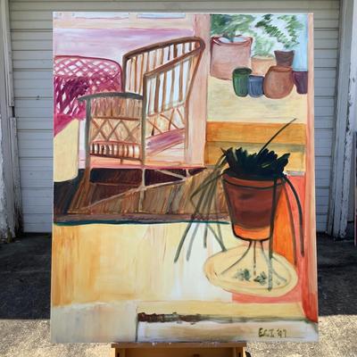 140 Bamboo Chair & Plants In Kitchen Oil on Canvas by Ellen Into