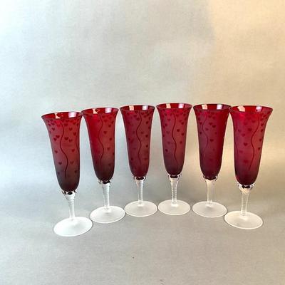 1180 Set of 6 Heart Etched Champagne Flutes signed Wylie Ponder
