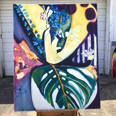 141 Monsterra Leaf with Flowers Oil on Canvas by Ellen Into