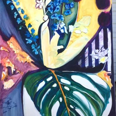 141 Monsterra Leaf with Flowers Oil on Canvas by Ellen Into