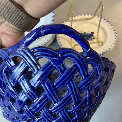 1185 Royal Copenhagen Alumnia Faience Grapes Denmark Pottery Plates with MMA Reticulated Blue Bowl