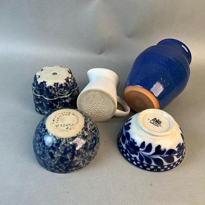 1186 Bennington Pottery with Signed Vase and Flow Blue English Bowl