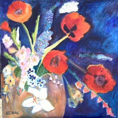 142 Poppies & Pansies In a Vase 2006 Oil on Canvas by Ellen Into