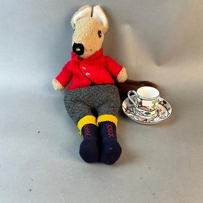 1190 Handmade Fox in Hunting Dress with Mink Fur Tail and Demitasse Hunt Cup and Saucer