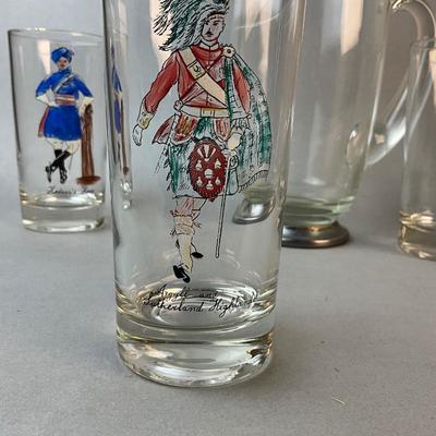 1193 Set of Vintage Highlander Glasses with Glass Pitcher and Bowls