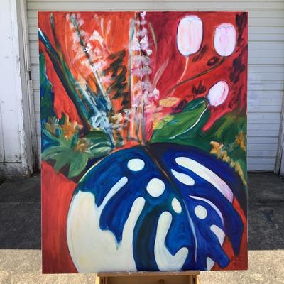 154 Monstera Leaf w/Tulips 1994 Oil on Canvas by Ellen Into