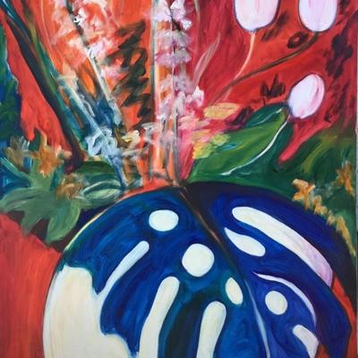 154 Monstera Leaf w/Tulips 1994 Oil on Canvas by Ellen Into
