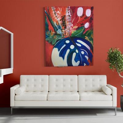 154 Monstera Leaf w/Tulips 1994 Oil on Canvas by Ellen Into