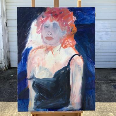 155 Red Headed Women Black Tank Top 1990"s Oil on Canvas by Ellen Into