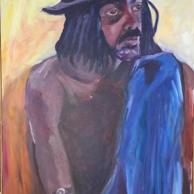 156 "Imran" Man in Hat w/Blue Towel 1991 Oil on Canvas by Ellen Into
