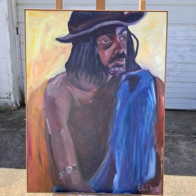 156 "Imran" Man in Hat w/Blue Towel 1991 Oil on Canvas by Ellen Into