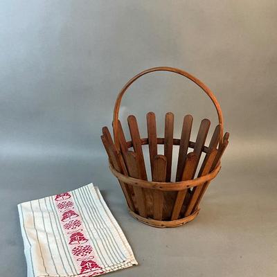 1211 Antique Oak Basket with Vintage Dishcloth