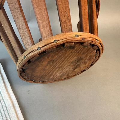 1211 Antique Oak Basket with Vintage Dishcloth