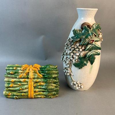 1212 Majolica Asparagus Covered Dish with Vase