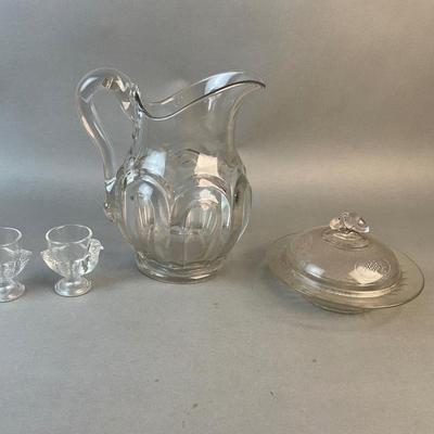 1213 Early American Pressed Glass Pitcher, Covered Dish , Egg Cups