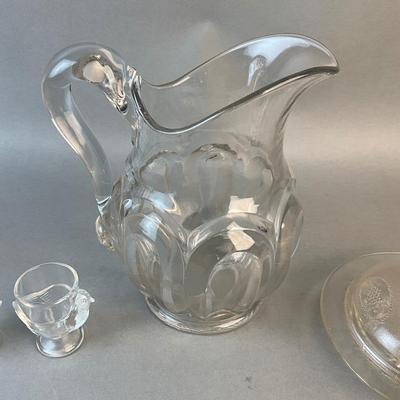 1213 Early American Pressed Glass Pitcher, Covered Dish , Egg Cups