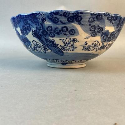 1221 Antique Flow Blue Chinese Scalloped Edge Bowl