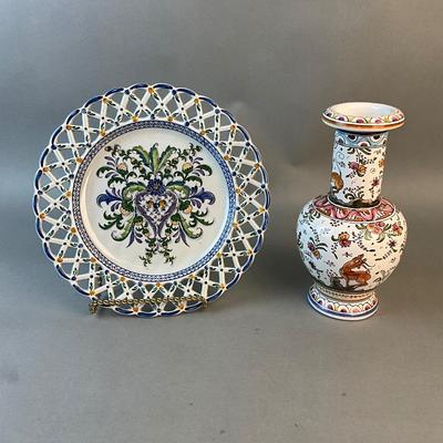 1226 Portugal Pottery Vase and Reticulated Plate