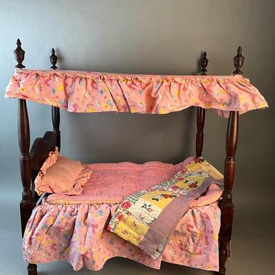 1240 Vintage Mahogany "The Alice Lane" Doll Canopy Bed with Original Linens