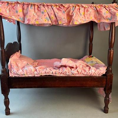 1240 Vintage Mahogany "The Alice Lane" Doll Canopy Bed with Original Linens