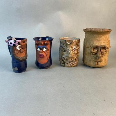 1249 Set of Four Handmade Character Mugs , Pitcher and Covered Jar