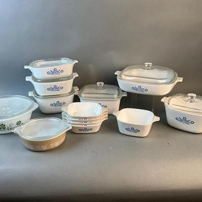 1250 Large Blue Cornflower Corningware and Green Daisy, Sandelwood Pyrex Lot