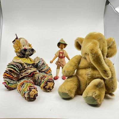 1274 Vintage Steiff Elephant with Rag Doll and German Wooden Doll