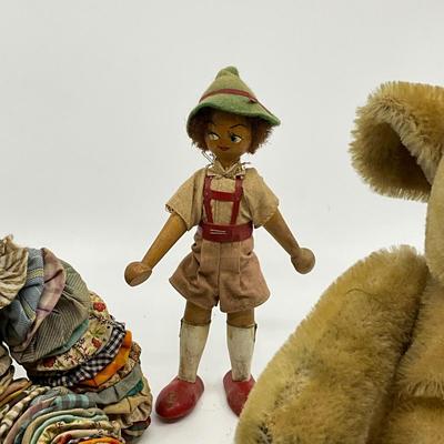 1274 Vintage Steiff Elephant with Rag Doll and German Wooden Doll