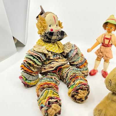 1274 Vintage Steiff Elephant with Rag Doll and German Wooden Doll