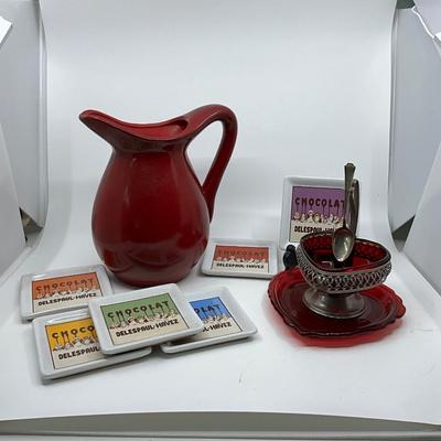 1259 Red Pottery Barn Pitcher, Glass Heart Dish w/Pottery Barn Chocolate Plates