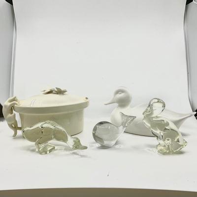 1276 Glass Figures and Ceramic White Duck with Cat Covered Vegetable Dish
