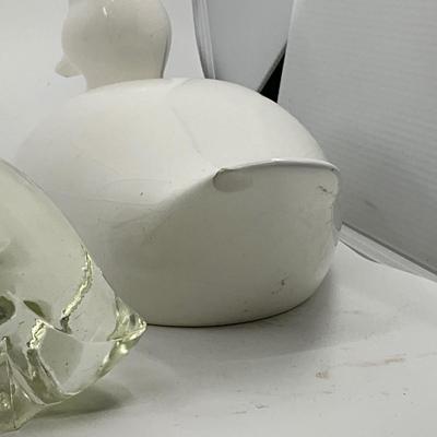 1276 Glass Figures and Ceramic White Duck with Cat Covered Vegetable Dish