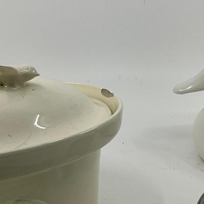 1276 Glass Figures and Ceramic White Duck with Cat Covered Vegetable Dish