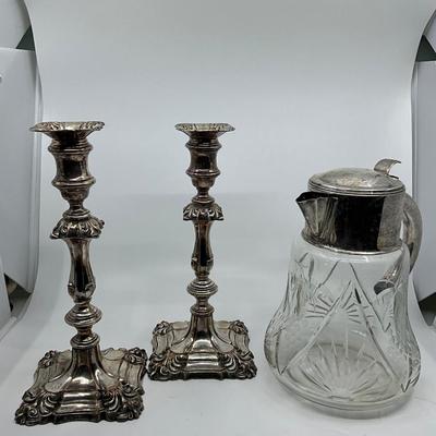 1260 Silverplate on Copper Candlesticks & Crystal Pitcher