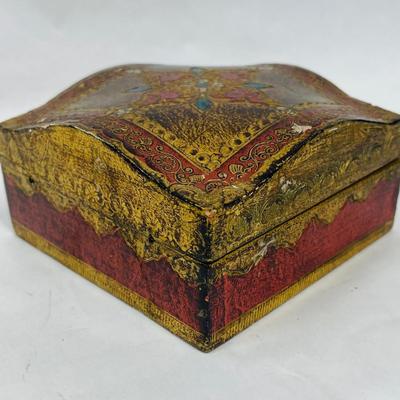 Vintage Square Wood Box Hand-Painted Hinged Lid