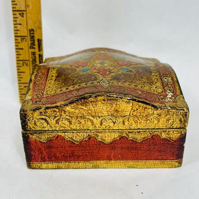 Vintage Square Wood Box Hand-Painted Hinged Lid