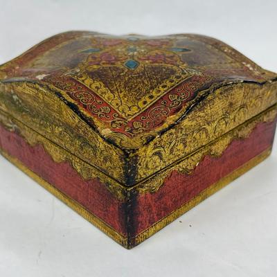 Vintage Square Wood Box Hand-Painted Hinged Lid