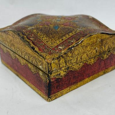 Vintage Square Wood Box Hand-Painted Hinged Lid