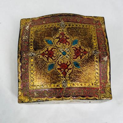 Vintage Square Wood Box Hand-Painted Hinged Lid