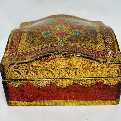 Vintage Square Wood Box Hand-Painted Hinged Lid