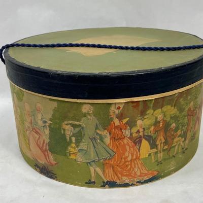 Antique / Vintage Round Cardboard Hat Box 1920's Garden Party Graphics