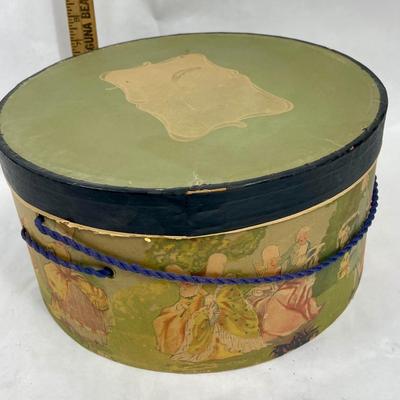 Antique / Vintage Round Cardboard Hat Box 1920's Garden Party Graphics