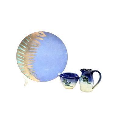 1287 Vintage Enamel on Copper Plate with Small Pottery Cream and Sugar Set